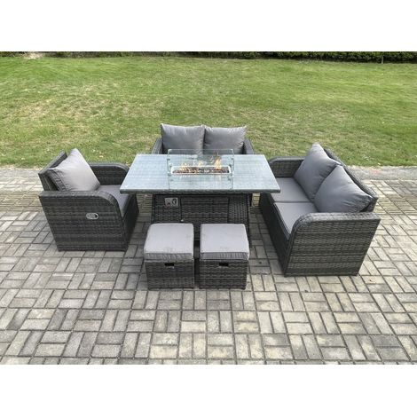 Fimous Rattan Gartenmöbel Set mit Gas Feuergrube Esstisch, Liegestuhl 2 Kleine Fußhocker Indoor Outdoor 6-teilige Loveseat Sofa Set (1/5)