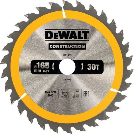 DeWALT DT1935 Construction Circular Saw Blade 165 x 20mm x 30T Nail Tough DT1167