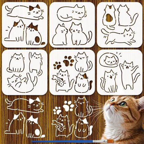 6Pcs Pochoir de Peinture Petit Chat Avec Pinceau 15x15cm Pochoirs Plastique Pet Dessin Animé Chats Poissons Modèles de Dessin Pochoirs Décoratifs Thème Animal pour Meubles Sol (1/5)