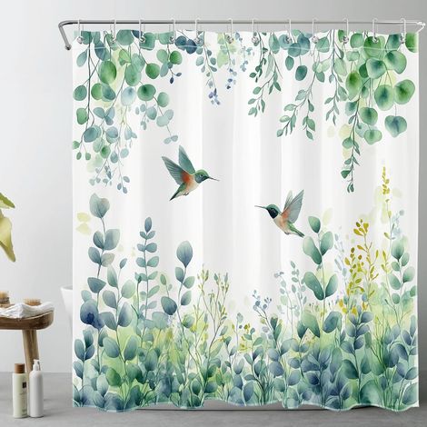 Feuille Verte Rideaux de Douche 180x180cm Oiseau dans Les Plantes botaniques Rideaux de Bain avec Crochets,Feuilles d’Eucalyptus Imperméable Polyester Anti Moule Salle de Bain Décor (1/5)