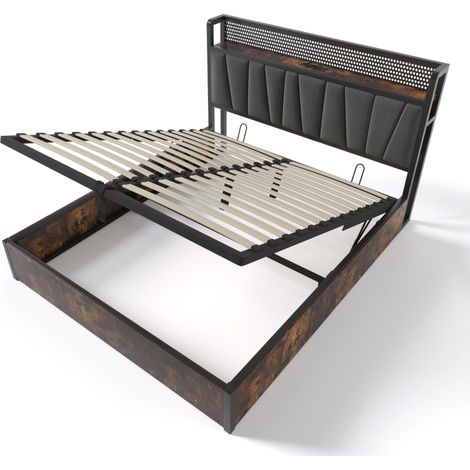 Gepolstertes Doppelbett 180x200 cm Grau mit RGBW-LED, USB, Steckdosen und Stauraum (1/5)