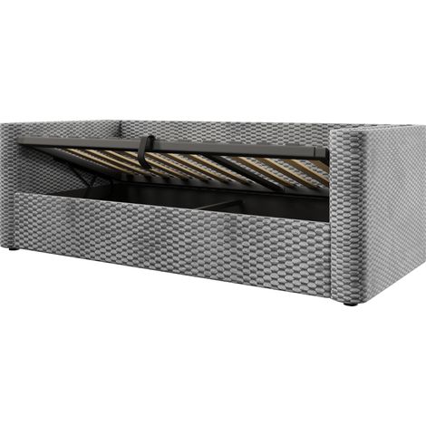 Cama de día 90 x 200 cm de terciopelo gris con LED, almacenaje hidráulico y somier (1/5)