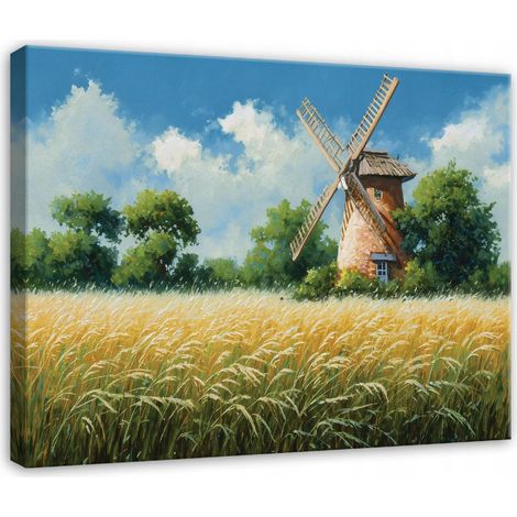 Leinwandbild Wiese und Windmühle, Natur Landschaft für Schlafzimmer, Wohnzimmer und Küche, hochauflösender Druck, 60 x 40 cm