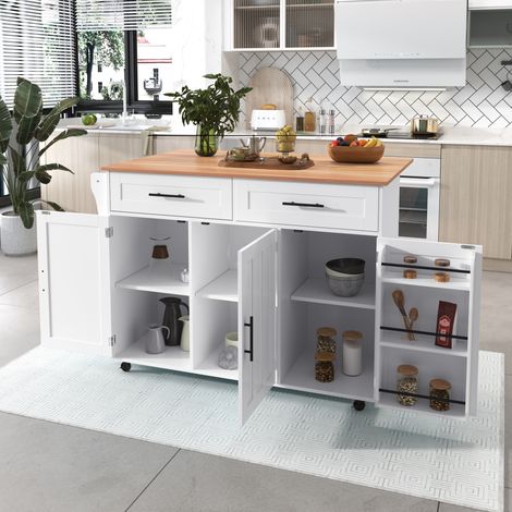 Desserte buffet bois massif blanc 129x46x91,5cm avec plateau rabattable, porte rangement, roulettes, pieds réversibles