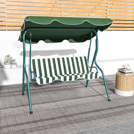 Dondolo 3 places vert et blanc, structure acier et polyester, avec auvent ajustable et coussins inclus, dimensions 170x110x153 cm. (1/5)