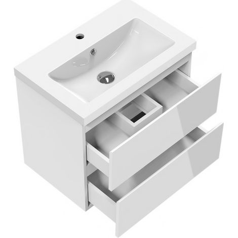 Acezanble Bathroom Vanity Unit with Ceramic Basin 600mm Wall Mounted Base Cabinet Storage Gloss White (1/5)