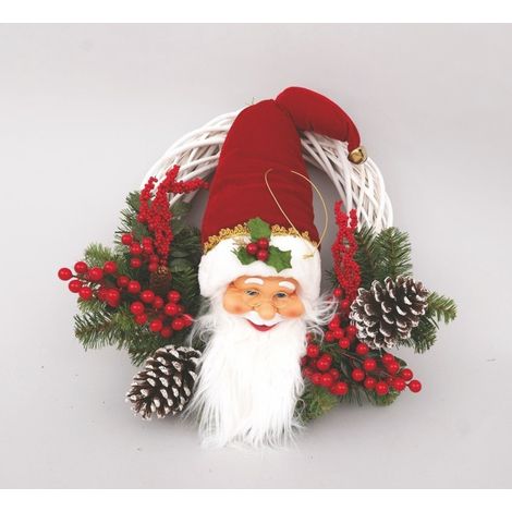 Corona navideña de mimbre blanco 40 cm con cabeza de Papá Noel