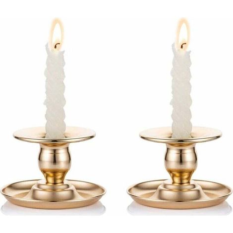 2-Piece Gold-Plated Brass Chamberstick Candle Holder, Suitable for Candles, Candlesticks, Tealights, and Pillar Candles - for Window and Mantel Display