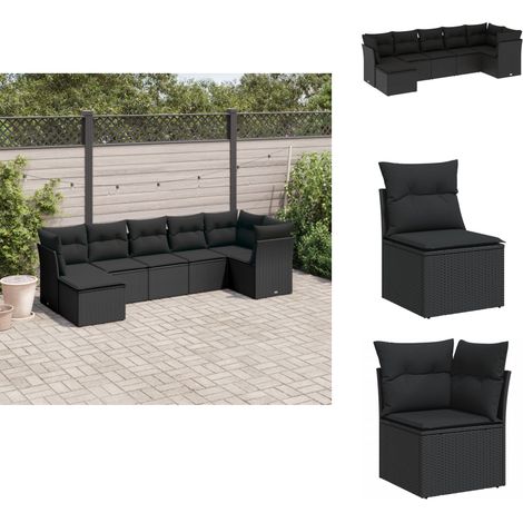 7-tlg. Garten-Sofagarnitur mit Kissen Schwarz Poly Rattan - Gartengeset - Gartenmöbelset - Rattan Möbel - Gartenlounge - Lounge Set (1/5)