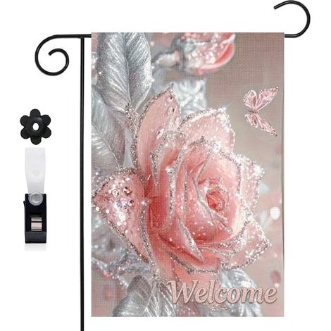 Drapeau de jardin fond rose et rose rose pailletée 30 x 45 cm décoration porche et entrée (1/5)
