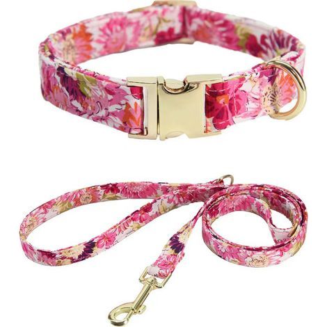 Collier Pour Chien - Tissu Coton Floral - Boucle Métallique Dorée Rose - Longueur Réglable - Avec Laisse Compatible - 1 Pièce (1/5)