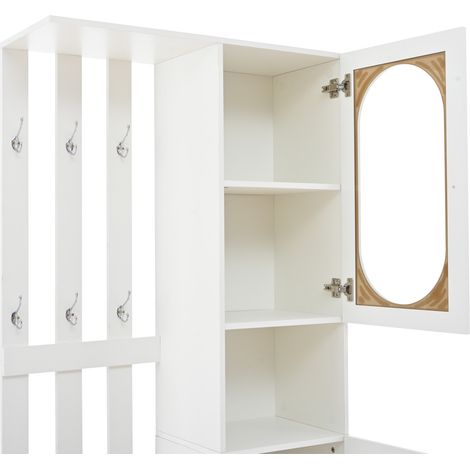 Weißes Flurmöbel 85 x 33,5 x 200 cm mit 2 Schränken, 6 Haken, Schuhbank und ESG-Glas (1/5)