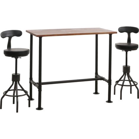 [NON UTILIZZATO] Set tavolo + 2x sgabelli bar HHG-969, industriale poggiapiedi girevole regolabile, ecopelle metallo, marrone, nero