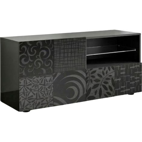 Meuble TV 1 porte anthracite laqué sérigraphies multi-motifs - JUAN
