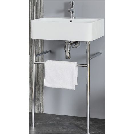 Milano Farington White Ceramic Bathroom Basin Sink with One Tap Hole and Chrome Washstand - 520mm x 420mm (1/5)