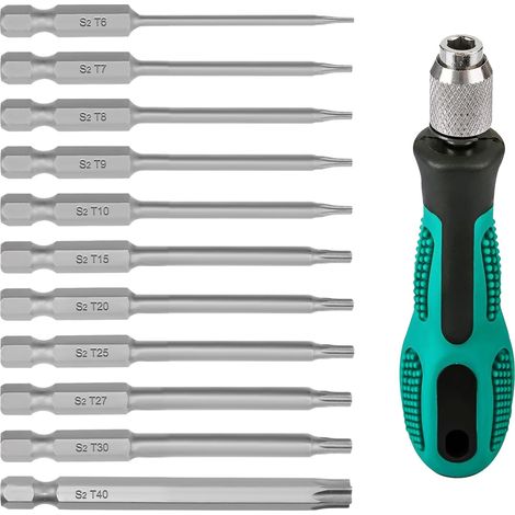 12 Pièces Tournevis Torx, 75 mm Embout Visseuse Long avec Poignée, T6-T40 Acier S2 Magnétiques Embouts Torx Jeu de Tournevis, 1/4" Tige Hexagonale Tournevis Etoile avec Trou (1/5)