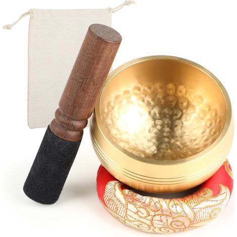 Bol Tibétain - Bol Chantant - Bol Tibétain Original, Handgefertigt en Laiton, 8 cm, avec Maillet, Support et Sac, pour Pleine Conscience, Méditation, Réduction du Stress, Guérison et Yoga (1/5)