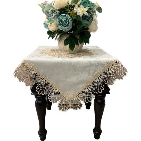 Nappe En Dentelle - Brodée Fleurie - Crème - Pour Table Ronde Ou Rectangulaire - 1 Pièce (1/5)