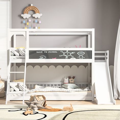 Etagenbett aus Massivholz 90x200 cm – Kinderbett mit Rutsche, Treppe, Zeichenbrett, Bogentür, Lattenrost, Sicherheitszaun, Kinderbett aus Holz – Weiß (1/5)