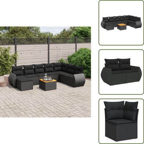 9-tlg. Garten-Sofagarnitur mit Kissen Schwarz Poly Rattan - Gartenmöbel Set - Esszimmergarnitur - Outdoor Möbel - Lounge Garnitur - Rattan Gartenmöbel (1/5)