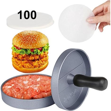 Presse à Burger Steak Haché + 100 Disques de Cire - Diamètre 11.5cm Antiadhésif en Aluminium (1/4)