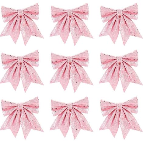 8nœuds ruban rose Noël 12/15 cm pailletés, décoration sapin et cadeaux (1/4)