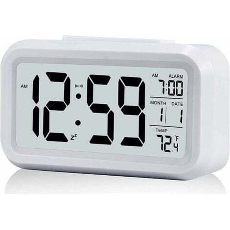 Réveil Digital Réveil Matin. Horloge Numérique Réveil à Pile Silencieux pour Enfants Adultes Grand écran LED Température Calendrier(Blanc)