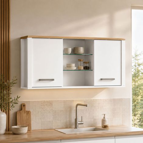 Meuble haut de cuisine 2 portes + niches 130x33x57 cm blanc et chêne (1/5)