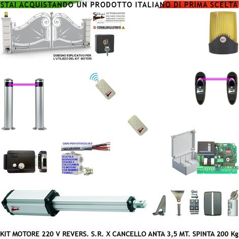 Cancello 3,5 Metri Kit Motore Elettromeccanico 220 V Stelo Reversibile 600mm Spinta 250Kg Centrale 2 Coppie Fotocellule 2 Pali 2 Radiocomandi Faro Elettroserratura Selettore 2 Ck Scatola Fuse Cavo (1/4)