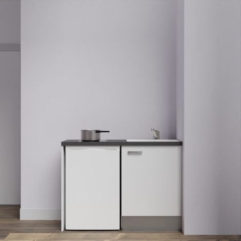 Kitchenette K08L-PT - 120 cm avec plan de travail et évier - emplacement frigo - Façade Blanc - Plan Noir texturé - Evier Inox - Crédences Non