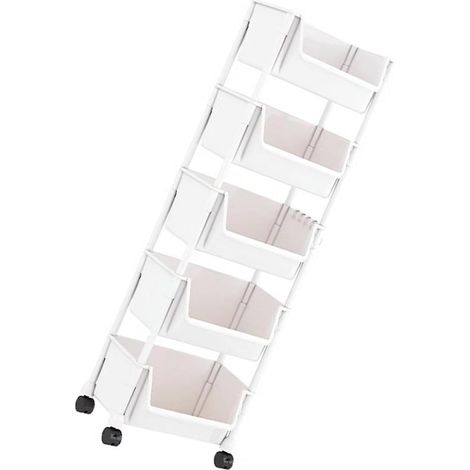 Bibliothèque mobile étroite 5 niveaux, chariot de rangement vertical multifonction avec étagères, roulettes freinées, crochets et boîtes incluses (1/5)