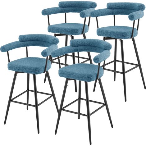 ML-Design Set di 4 Sgabelli da Bar Girevoli 360° in Tessuto Teddy Blu, Altezza 76 cm, Sedili con Braccioli e Schienale Imbottito, Sedie con Poggiapiedi per Cucina e Bistro con Gambe in Metallo