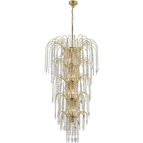 Lampadario a cascata da 13 litri - Oro e cristallo