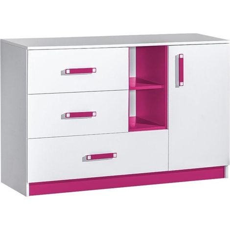 Commode Sorviru 101, Blanc + Rose, Tiroirs et portes, Nombre de tiroirs: 3, 83x130x40cm