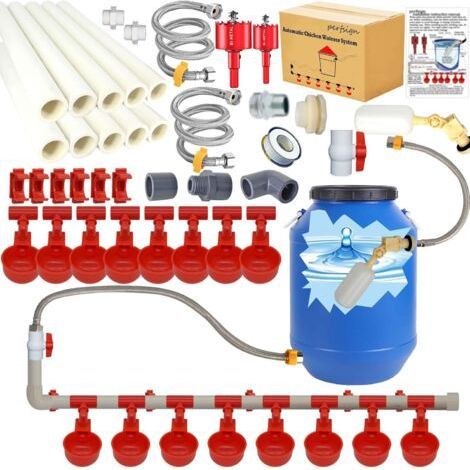 Komplettes Set bestehend aus automatischen Hühnernippel-Fütterungsrohren, Dreiwege-PVC-Wasserbecher, Zubehör und Geflügel-Wasserspender. (1/5)