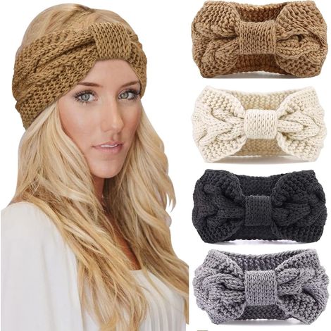 4 Pièces Bandeau Cheveux pour Femme Bandeaux Hiver Serre-Tête Tricoté Oreille Réchauffeur Chaud Noué Bande Elastique Cheveux pour  Filles (1/5)
