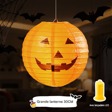 Lanterne citrouille Halloween 30 cm en papier avec bougie LED, décoration suspendue