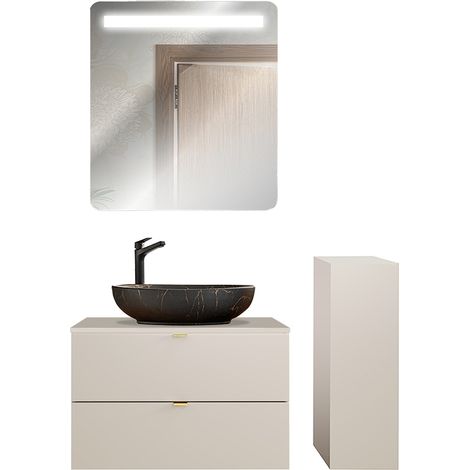 Badmöbel Set 3-teilig mit 80 cm Waschtisch & LED-Spiegel, in Beige - DURANGO-56 (1/5)