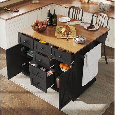 MEUBLIV isla de cocina plegable negra 147x44x93 cm, carrito móvil con almacenaje (1/5)