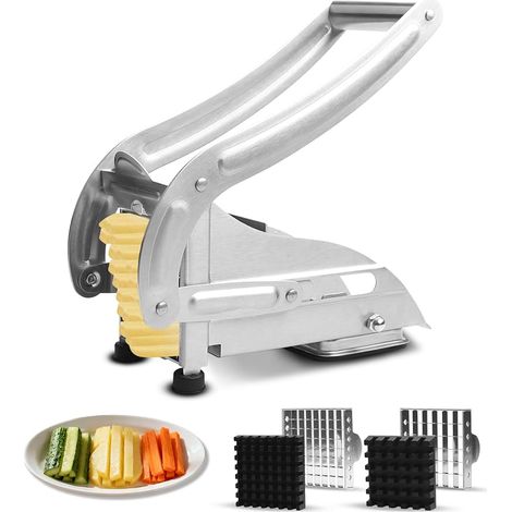 Manueller Pommes-Frites-Schneider mit 2 Schneideinsätzen, multifunktionaler Apfelschneider aus hochwertigem Edelstahl zur einfachen Zubereitung köstlicher, frischer Pommes Frites für die ganze Familie (1/5)