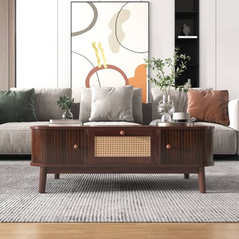 Table basse vintage 110 x 55 x 38,5 cm, 1 tiroir en cannage et 2 portes coulissantes, en MDF et bois massif, salon, noyer (1/5)