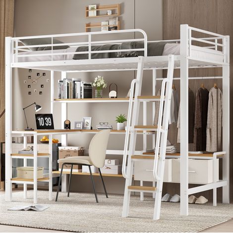 Letto a soppalco per bambini 90x200 cm, con scrivania, scaffale, scala inclinata a 4 gradini, in metallo e MDF, bianco (1/5)