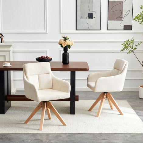 Sedie da pranzo girevoli 87 cm, 2 pezzi, in velluto beige chiaro con gambe in legno massello (1/5)