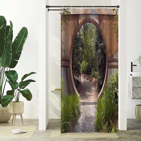Rideau de Douche Jardin Japonais Scène de Nature printanière Rideau de Salle de Bain Porte Rustique en Bois en Forme de Cercle Chemin d'accès Arbre Vert Rideau de Douche Lavable 90x180cm (1/5)