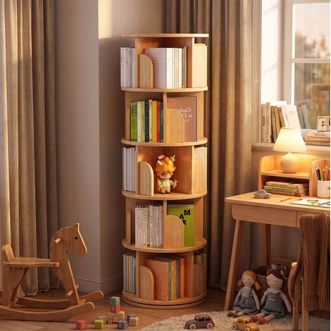 Étagère à livres rotative 360° 46x46x157 cm en MDF couleur bois, gain de place pour salon FloraGrace (1/5)