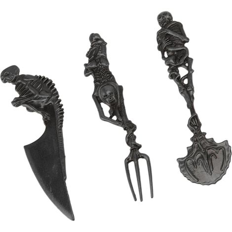 Ensemble de couverts squelette d'Halloween, en alliage de zinc, motif crâne, comprenant fourchette, cuillère et couteau, idéal comme cadeau d'Halloween (noir). (1/5)