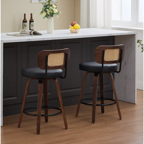Pack de 2 taburetes de bar giratorios 360° de madera y ratán negro 56x42x90 cm FloraGrace (1/5)