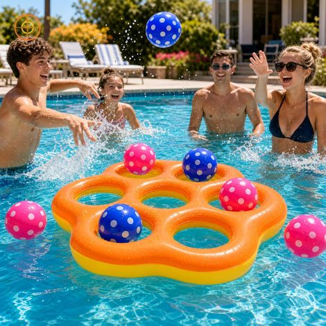 Hexagonal Pool Toy for Adults with 7 Balls, Yellow-Orange Inflatable Water Toys for Pool, Beach or Garden (1/5)