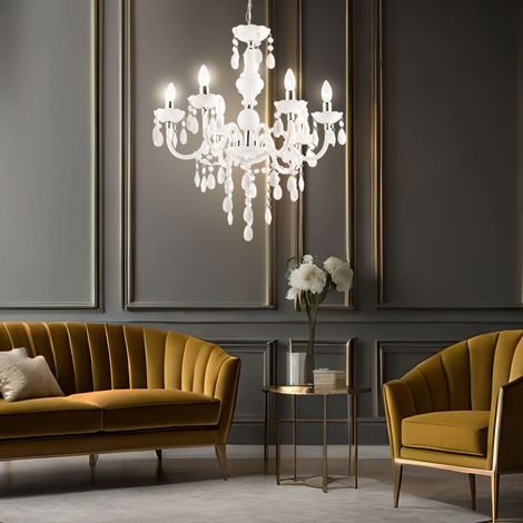 Globo – Lustre blanc à 6 flammes – Cristaux acryliques et chrome – Douilles E14 – Dimensions 67x166 cm – Éclairage harmonieux pour salon (1/5)