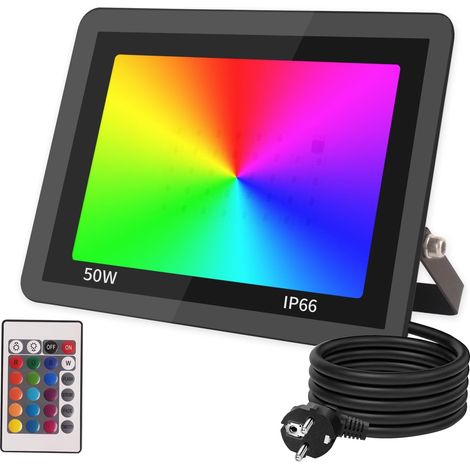 Projecteur LED Couleur, 50W Projecteur RGB Exterieur avec Télécommande, IP66 Etanche Intelligente RGB Spot LED de Couleur pour Jardin, terrasse, l'éclairage Interieur (1/5)